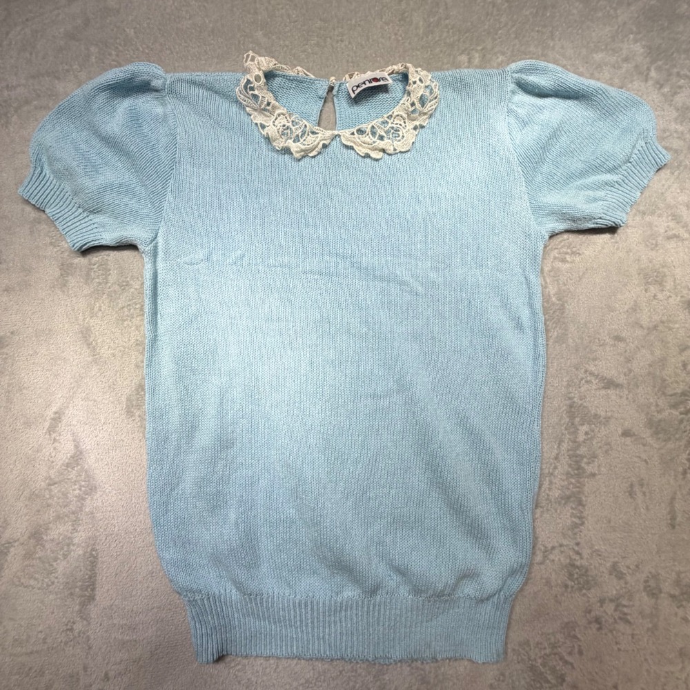 Vintage 80s Penrose Blue Lace Collar Puff Sleeve Knit Sweater Top Small